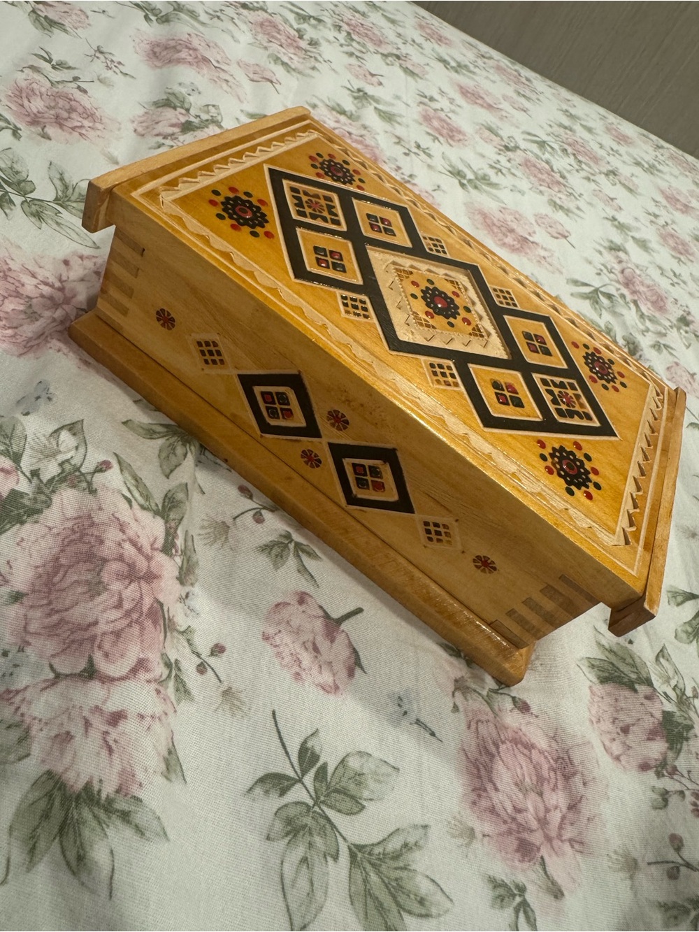 Hand-Painted Wooden Keepsake Box with Geometric Inlay